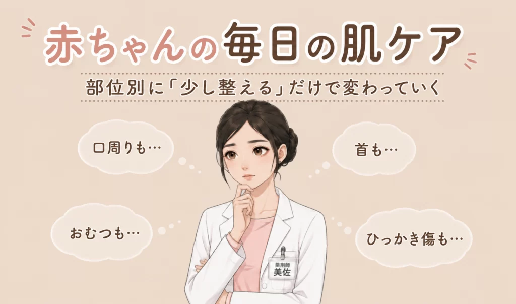 赤ちゃんの毎日の肌ケアを部位別に整理する記事アイキャッチ。口周り・首・おむつ・ひっかき傷などの肌トラブルに悩む保護者のイメージ。