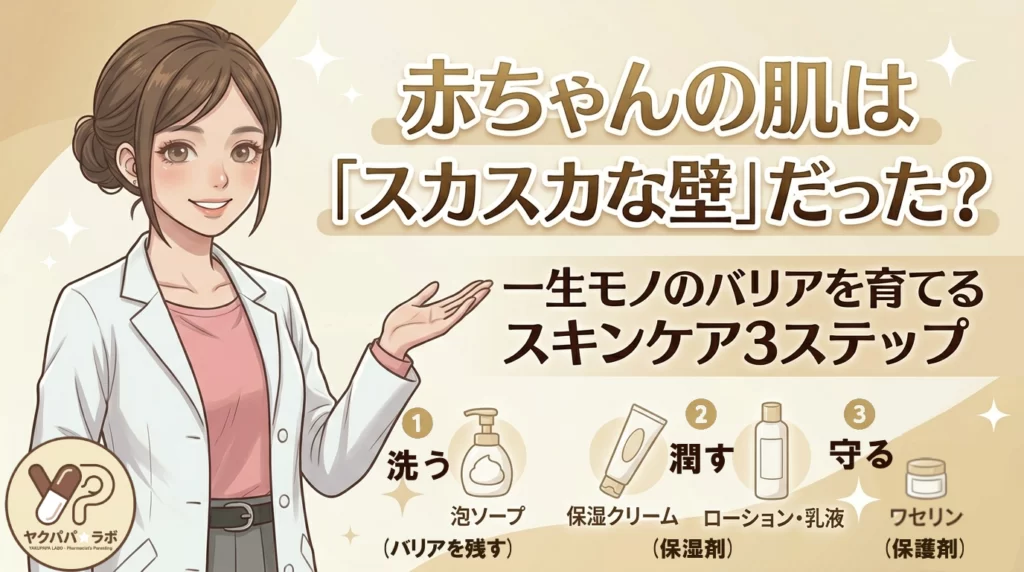 薬剤師監修による赤ちゃんの肌ケア解説図。大人の肌構造と比較し、角質層の隙間（スカスカな壁）から花粉やダニなどの外的刺激が侵入するメカニズムをイラストで図解。後半では、バリア機能を高める「洗う・潤す・守る」の正しいスキンケア3ステップをステップバイステップで紹介。