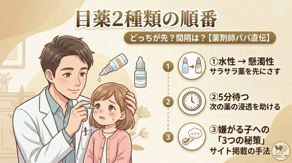薬剤師パパが教える、2種類の目薬をさす順番と間隔の解説イラスト。水性、懸濁性、ゲル化剤、眼軟膏の順序、5分待つ理由、子供が嫌がる時の3つのコツを分かりやすく図解。