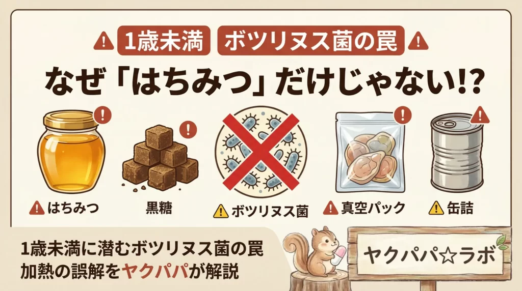 1歳未満の乳児ボツリヌス症のリスクと、はちみつ・黒糖・加熱の誤解を薬剤師パパが解説するアイキャッチ画像