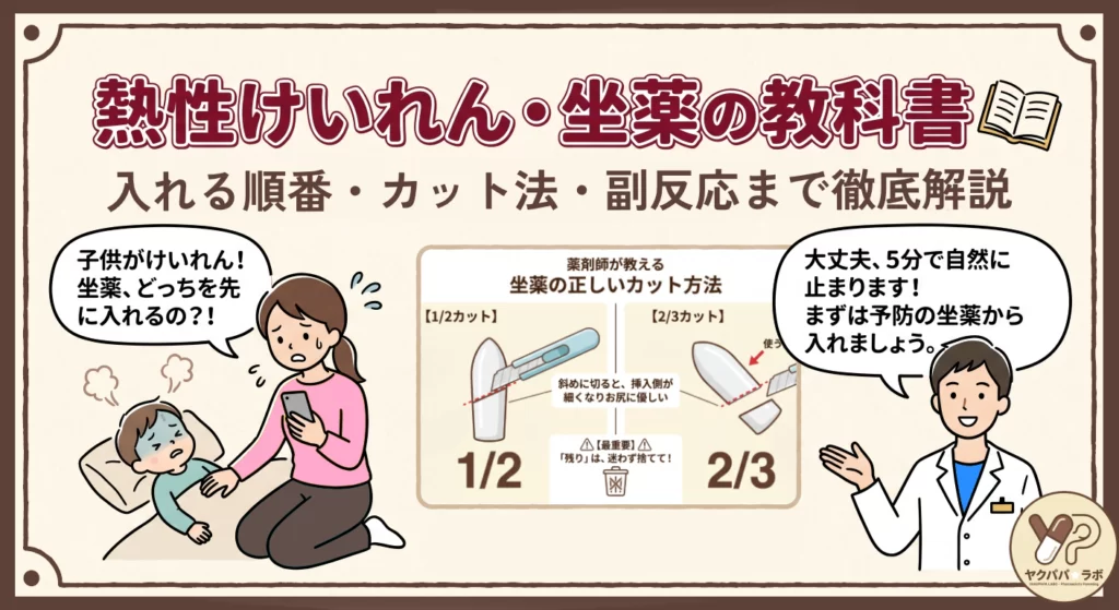 熱性けいれんの対処法と坐薬の入れる順番を薬剤師が解説するアイキャッチ画像。ダイアップと解熱剤の使い分けや5分で止まる根拠をイラストで紹介。