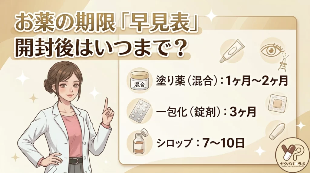 女性薬剤師が人差し指を立ててポイントを説明するアイキャッチ画像。「お薬の期限『早見表』開封後はいつまで？」というタイトルと、混合軟膏1〜2ヶ月、一包化薬3ヶ月、シロップ7〜10日などの期限一覧。