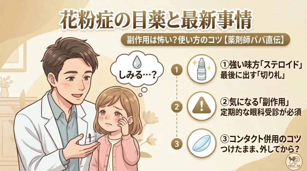 薬剤師パパが子供の花粉症目薬の最新事情を解説するイラスト。ステロイド点眼の副作用や定期受診の重要性、コンタクトレンズ併用時の注意点、目薬がしみる不安への寄り添いを解説。