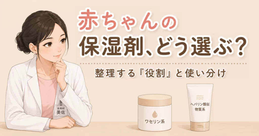 赤ちゃんの保湿剤の選び方。ワセリン系とヘパリン類似物質系の役割や使い分けを薬剤師が整理したアイキャッチ画像。