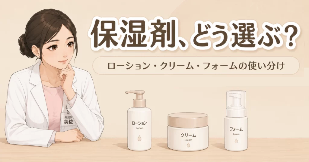 赤ちゃんの保湿剤選びで、ローション・クリーム・フォームの違いを整理するアイキャッチイラスト