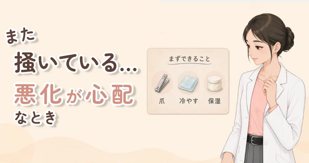 子どもが肌を掻いているときに悪化が心配な親へ、爪を短くする・冷やす・保湿するなど、まずできることを整理するアイキャッチ