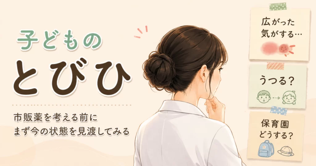 子どものとびひ。広がった気がする、うつる、保育園はどうするなどの気がかりを、美佐と一緒に見渡しているイメージのアイキャッチ。