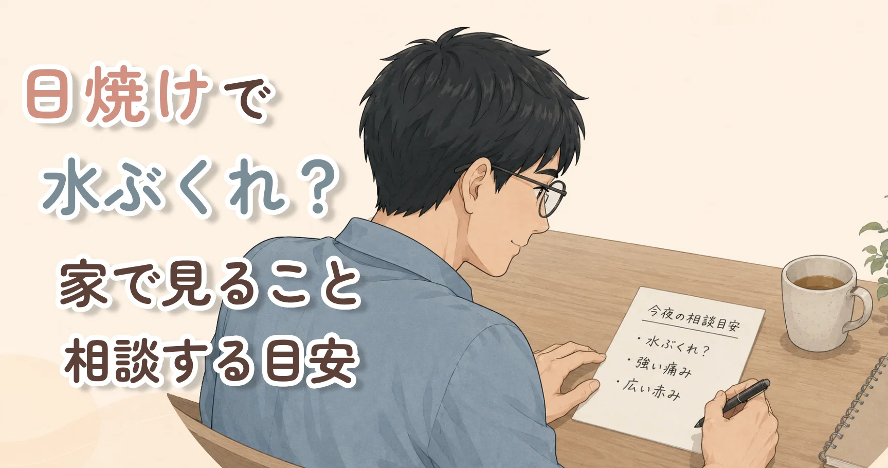 子どもの日焼けで水ぶくれができたとき、家で見ることと相談する目安を店長がメモで整理しているアイキャッチ